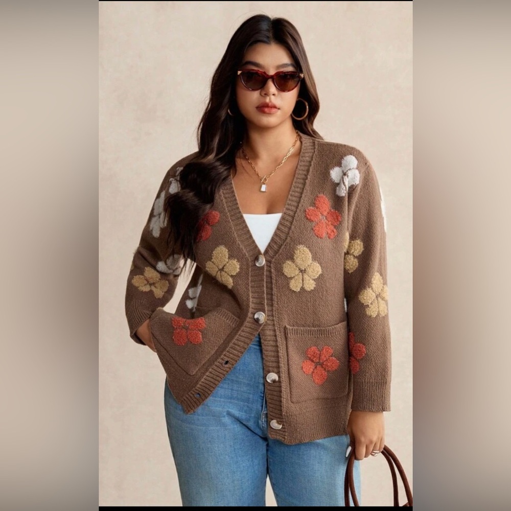 New Floral Patterned Brown Cardigan Sweater size 3XL ๐น๐บ๐ธ BG 09 - Picture 2 of 4